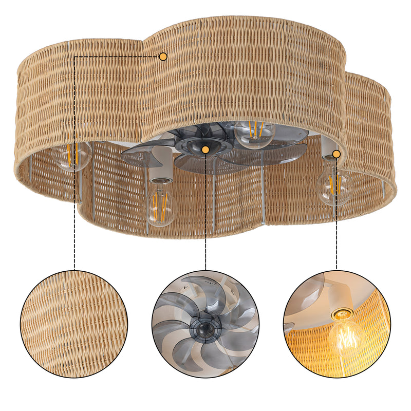 23.75in. White Finish Woven Flower Rattan Ceiling fan with Remote Control