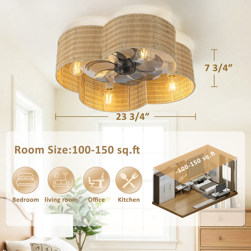 23.75in. White Finish Woven Flower Rattan Ceiling fan with Remote Control