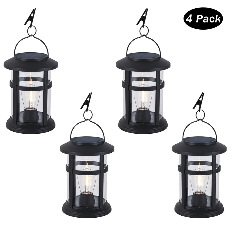 Black Outdoor Solar Lantern with Light Bulb and Clip (4-Pack)
