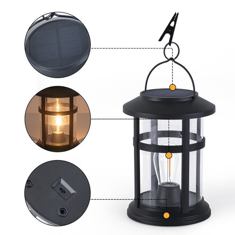 Black Outdoor Solar Lantern with Light Bulb and Clip (4-Pack)