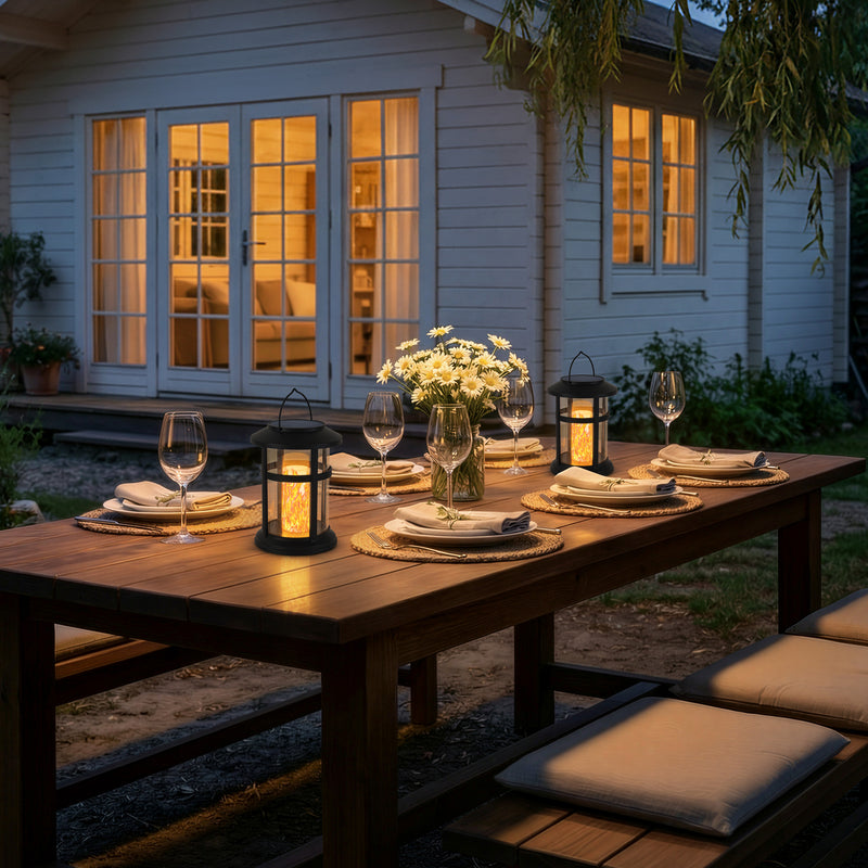 Black Outdoor Hanging Solar Lantern with Flame-style Light Bulb and Clip (4-Pack)