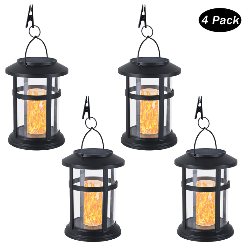 Black Outdoor Hanging Solar Lantern with Flame-style Light Bulb and Clip (4-Pack)