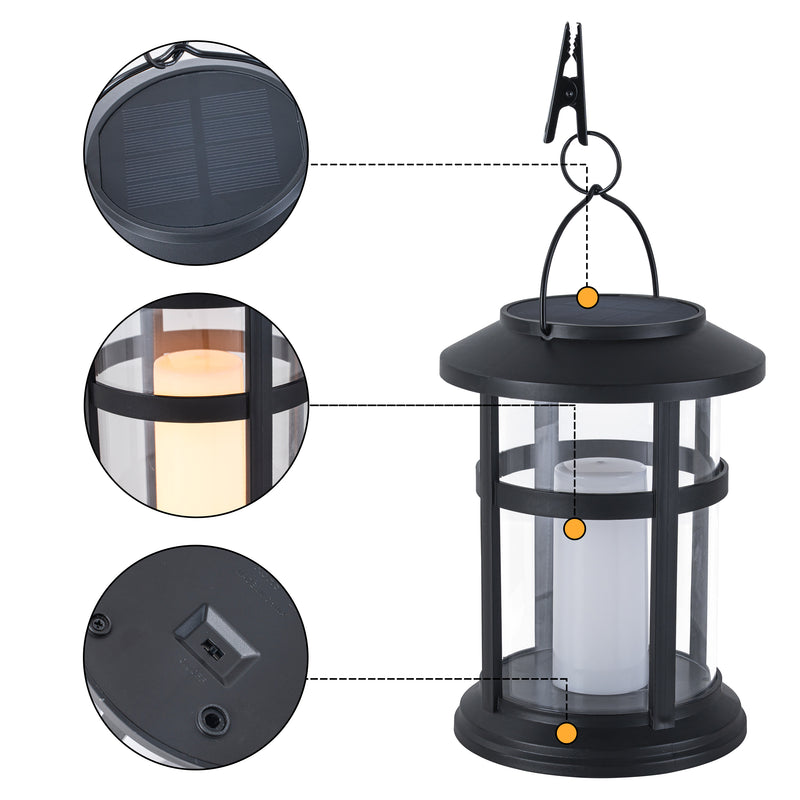 Black Outdoor Hanging Solar Lantern with Flame-style Light Bulb and Clip (4-Pack)