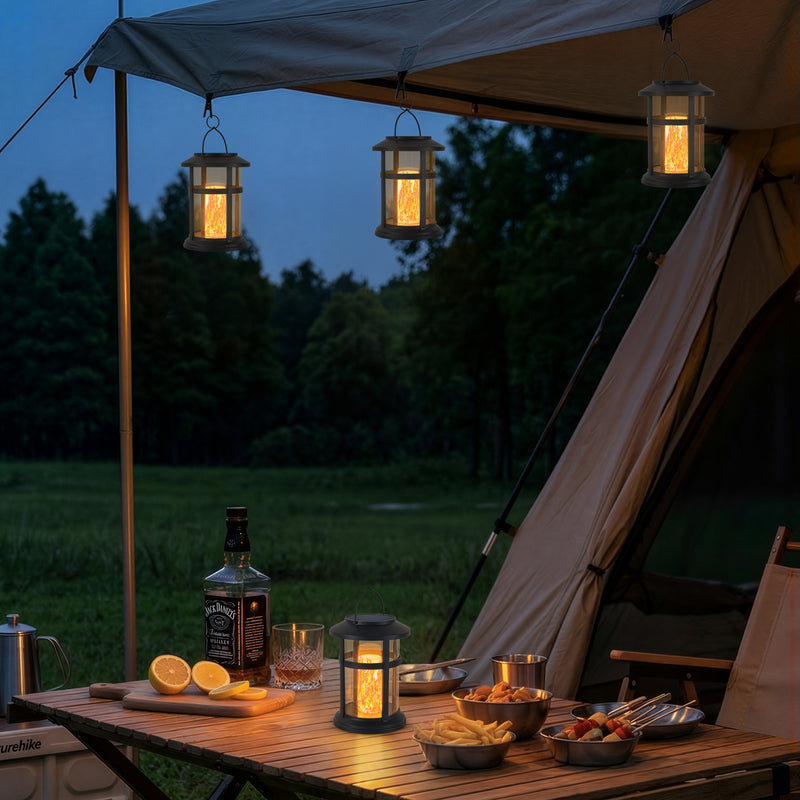 Black Outdoor Hanging Solar Lantern with Flame-style Light Bulb and Clip (4-Pack)