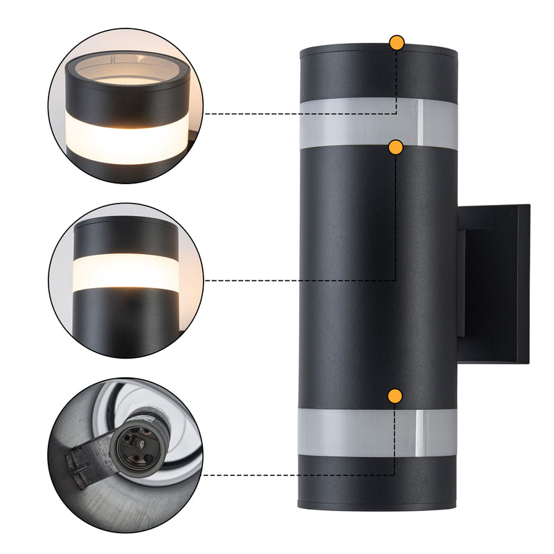 11.75 in. Black Outdoor Wall Lantern Sconce, 2-Light Up and Down Cylinder Light, Clear Glass, E26 Base