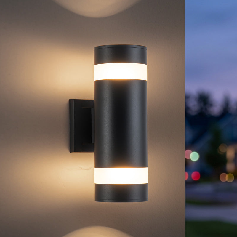 11.75 in. Black Outdoor Wall Lantern Sconce, 2-Light Up and Down Cylinder Light, Clear Glass, E26 Base