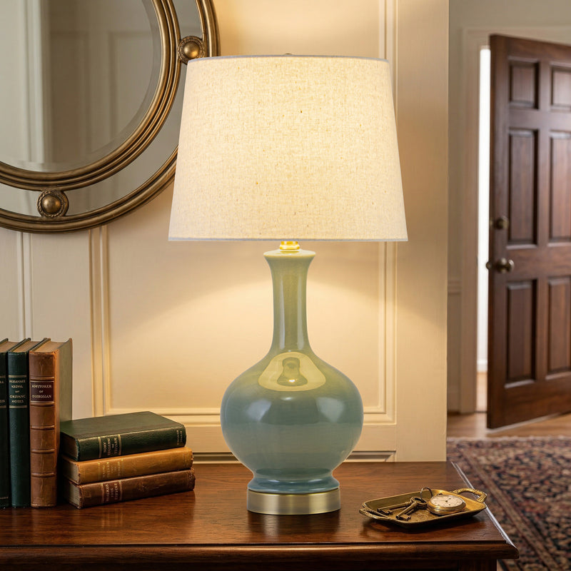 C Cattleya 23" Green Crackle Ceramic Table Lamp with Linen Shade and Antique Brass Base