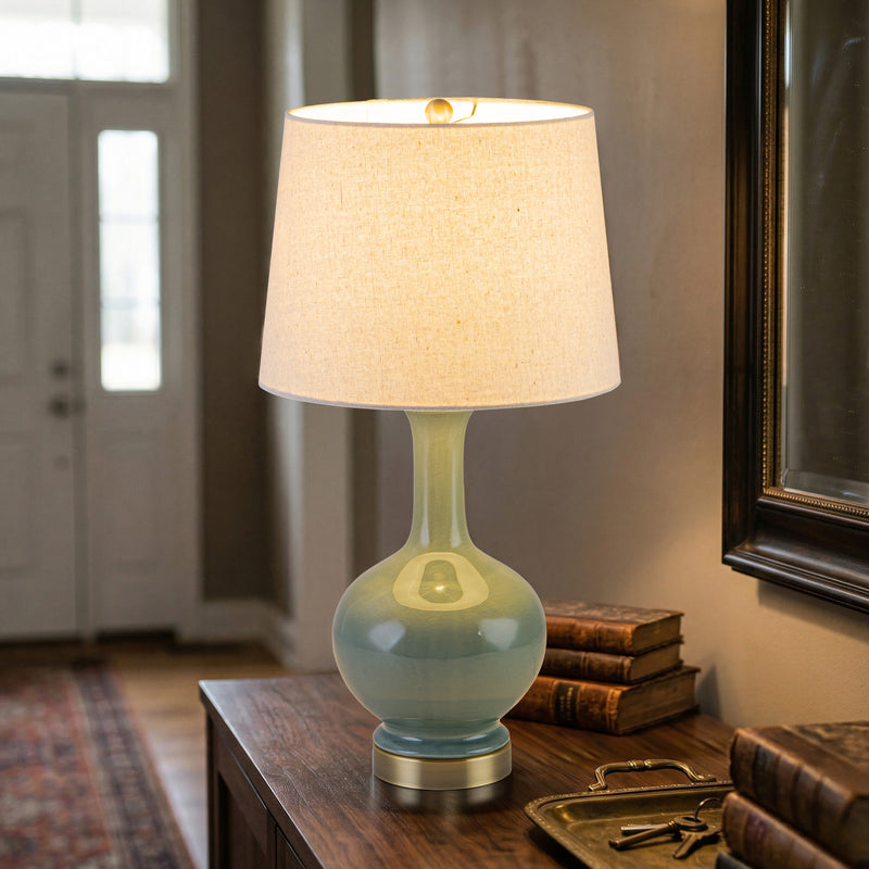 C Cattleya 23" Green Crackle Ceramic Table Lamp with Linen Shade and Antique Brass Base