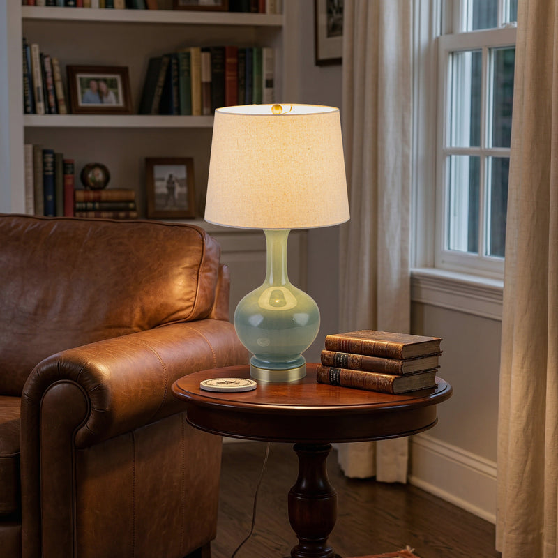 C Cattleya 23" Green Crackle Ceramic Table Lamp with Linen Shade and Antique Brass Base