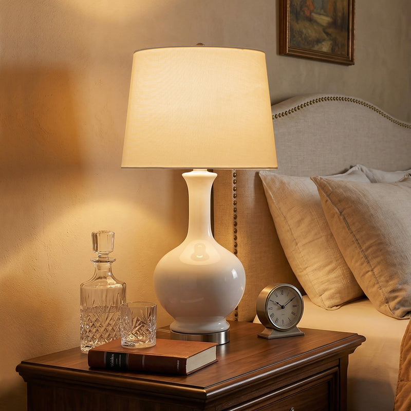 C Cattleya 23" White Ceramic Table Lamp with Fabric Shade and Brushed Nickel Base