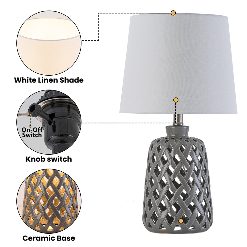 C Cattleya 20-Inch Gray Ceramic Table Lamp , 3-Way Rotary Switch with Fabric Shade