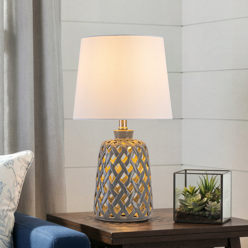 C Cattleya 20-Inch Gray Ceramic Table Lamp , 3-Way Rotary Switch with Fabric Shade