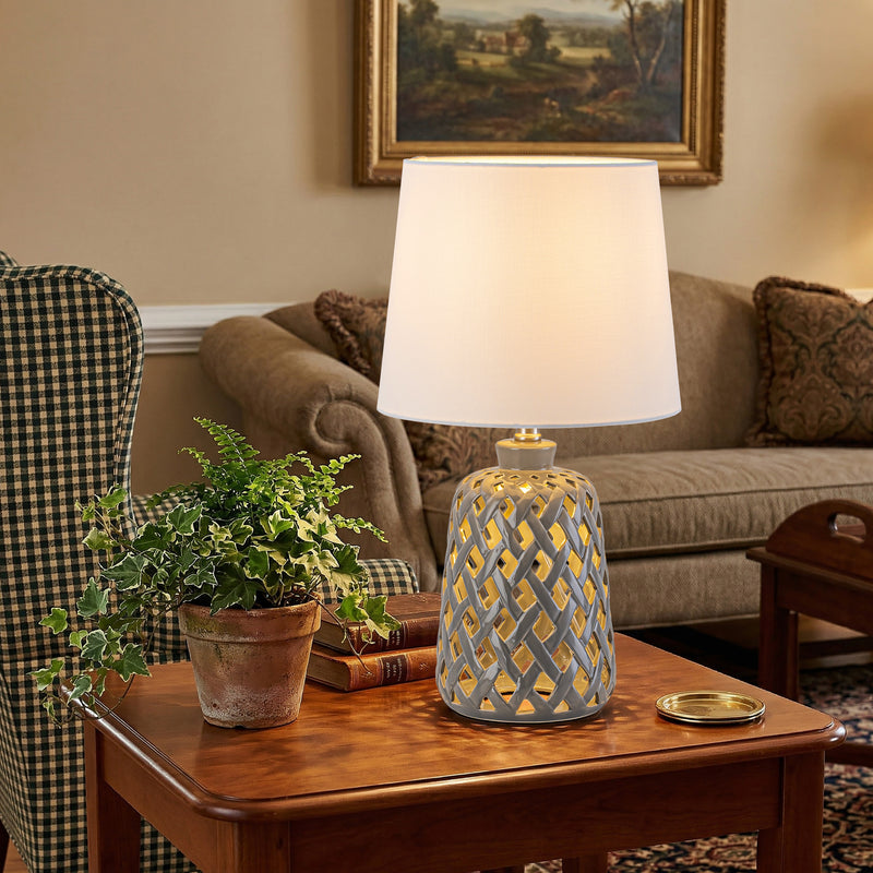 C Cattleya 20-Inch Gray Ceramic Table Lamp , 3-Way Rotary Switch with Fabric Shade