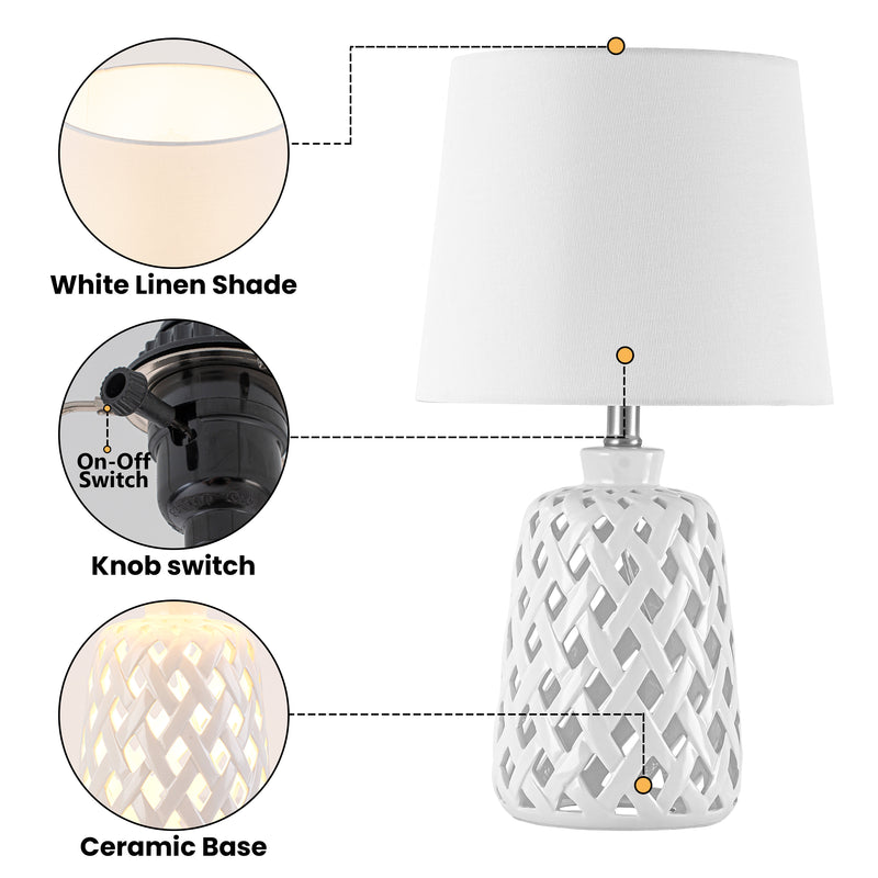 C Cattleya 20-Inch Modern White Ceramic Table Lamp, 3-Way Rotary Switch with Fabric Shade