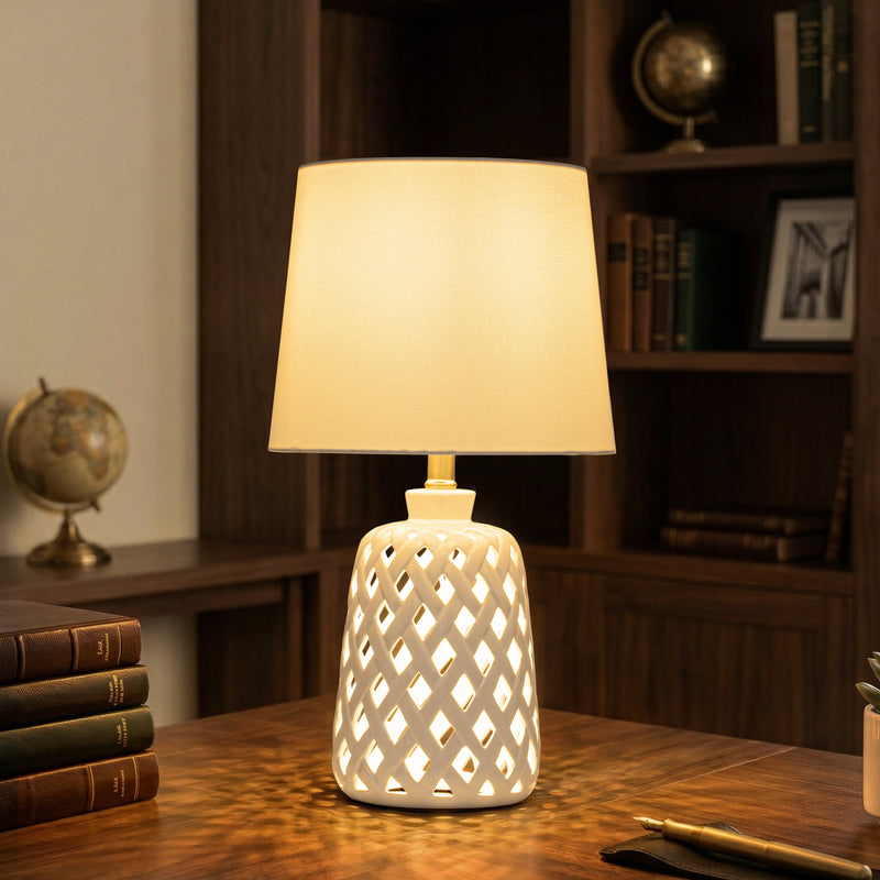 C Cattleya 20-Inch Modern White Ceramic Table Lamp, 3-Way Rotary Switch with Fabric Shade