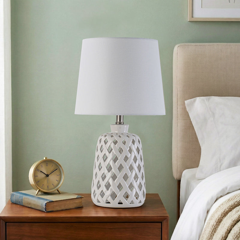 C Cattleya 20-Inch Modern White Ceramic Table Lamp, 3-Way Rotary Switch with Fabric Shade