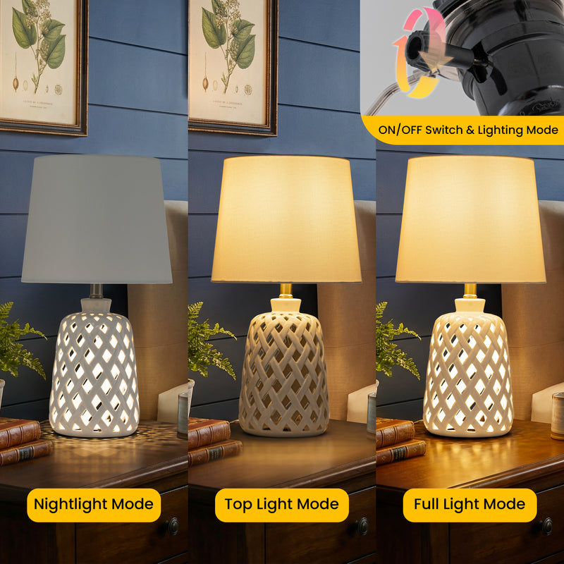 C Cattleya 20-Inch Modern White Ceramic Table Lamp, 3-Way Rotary Switch with Fabric Shade