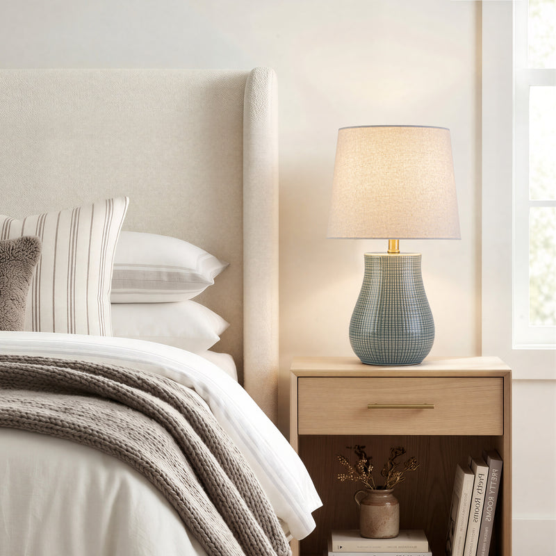 C Cattleya 19.25" Green Crackled Ceramic Table Lamp with Textured Glass Finish & Linen Shade