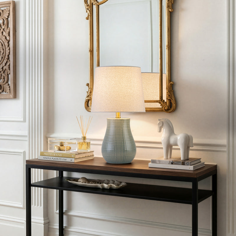 C Cattleya 19.25" Green Crackled Ceramic Table Lamp with Textured Glass Finish & Linen Shade
