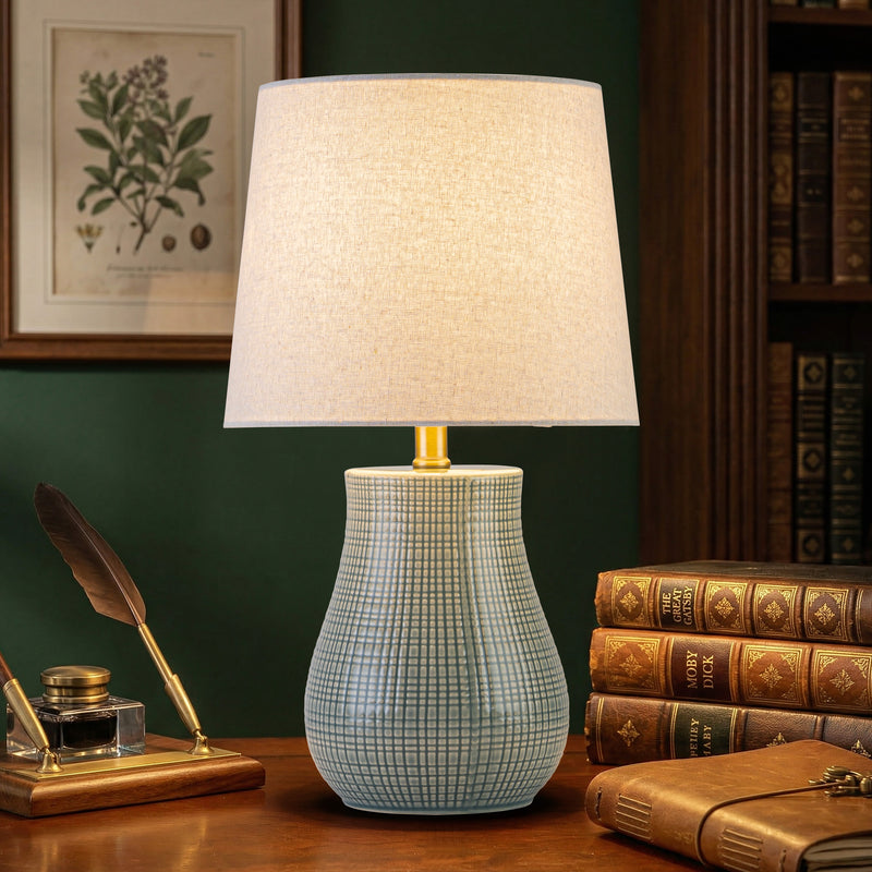 C Cattleya 19.25" Green Crackled Ceramic Table Lamp with Textured Glass Finish & Linen Shade