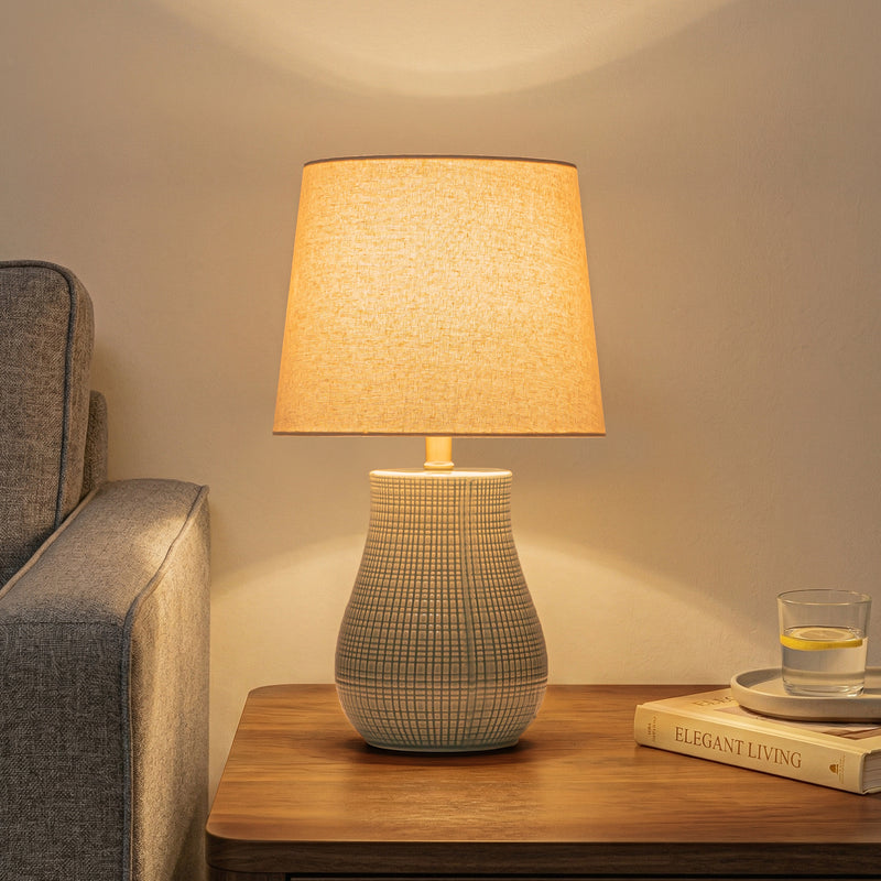 C Cattleya 19.25" Green Crackled Ceramic Table Lamp with Textured Glass Finish & Linen Shade