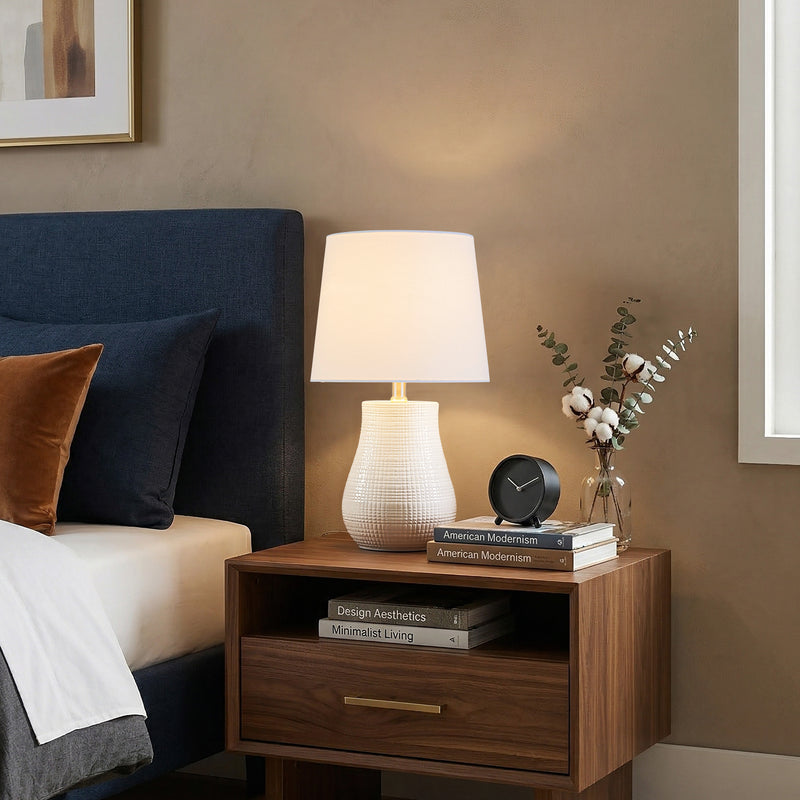 C Cattleya 19.25" Contemporary White Ceramic Table Lamp with Textured Base & Linen Shade