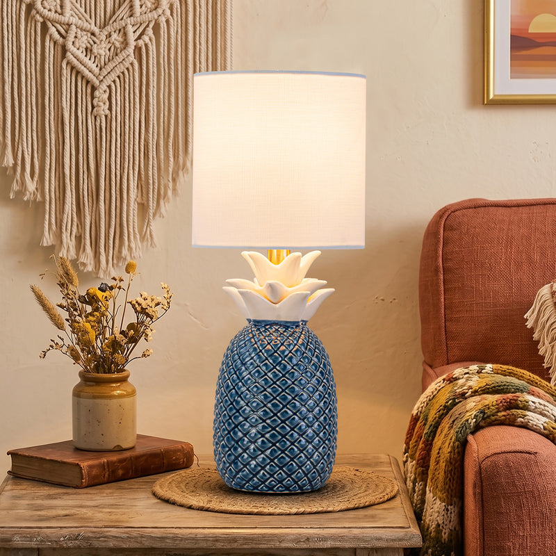 C Cattleya 16.25" Pineapple Ceramic Table Lamp with Linen Shade, Novelty Desk Lamp for Nightstand, Bedroom (Blue and White)