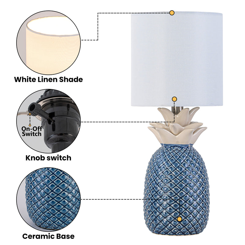 C Cattleya 16.25" Pineapple Ceramic Table Lamp with Linen Shade, Novelty Desk Lamp for Nightstand, Bedroom (Blue and White)