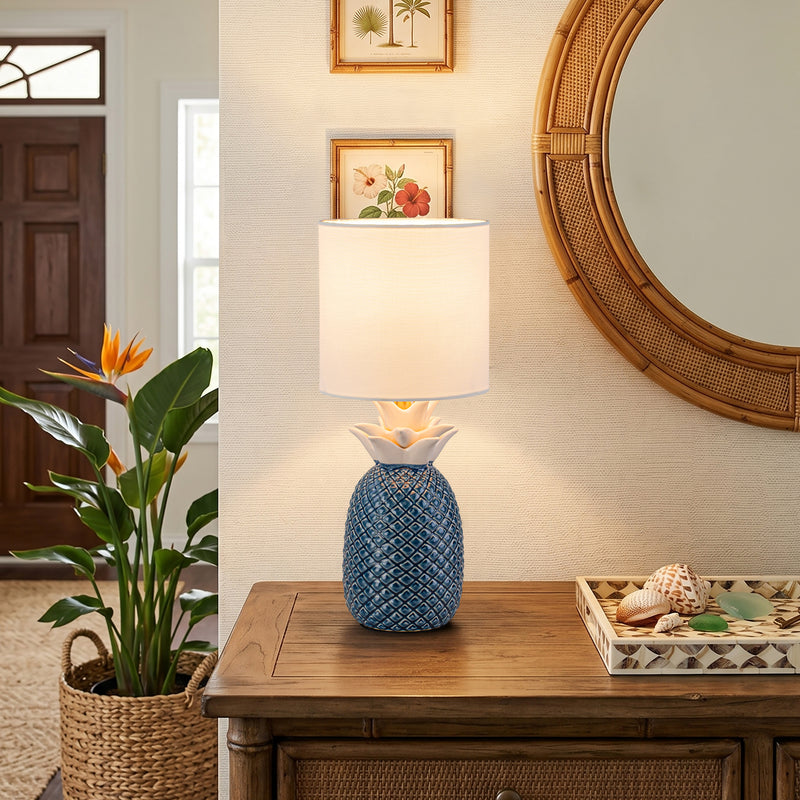 C Cattleya 16.25" Pineapple Ceramic Table Lamp with Linen Shade, Novelty Desk Lamp for Nightstand, Bedroom (Blue and White)