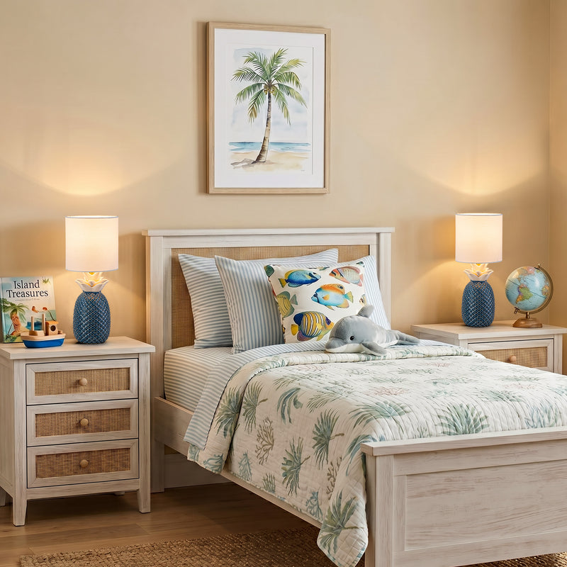 C Cattleya 16.25" Pineapple Ceramic Table Lamp with Linen Shade, Novelty Desk Lamp for Nightstand, Bedroom (Blue and White)