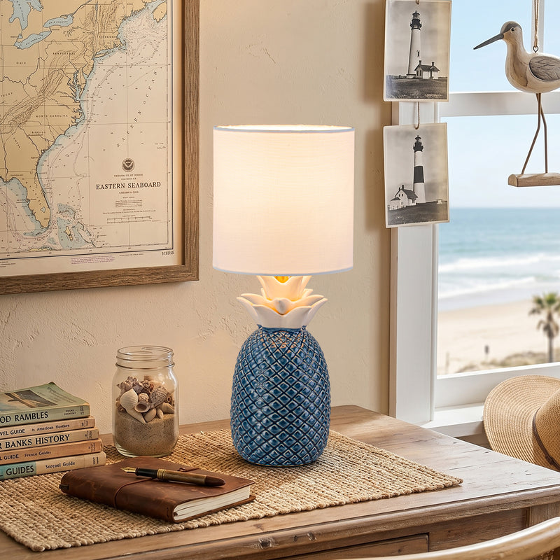 C Cattleya 16.25" Pineapple Ceramic Table Lamp with Linen Shade, Novelty Desk Lamp for Nightstand, Bedroom (Blue and White)