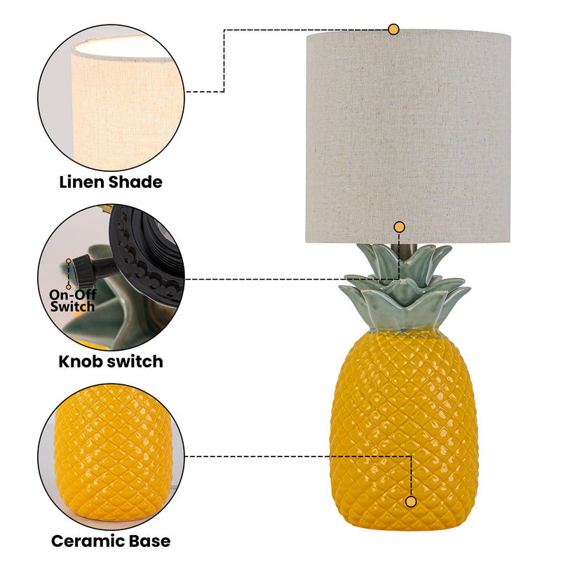 C Cattleya 16.25" Pineapple Ceramic Table Lamp with Linen Shade, Novelty Desk Lamp for Nightstand, Bedroom (Yellow and Green)