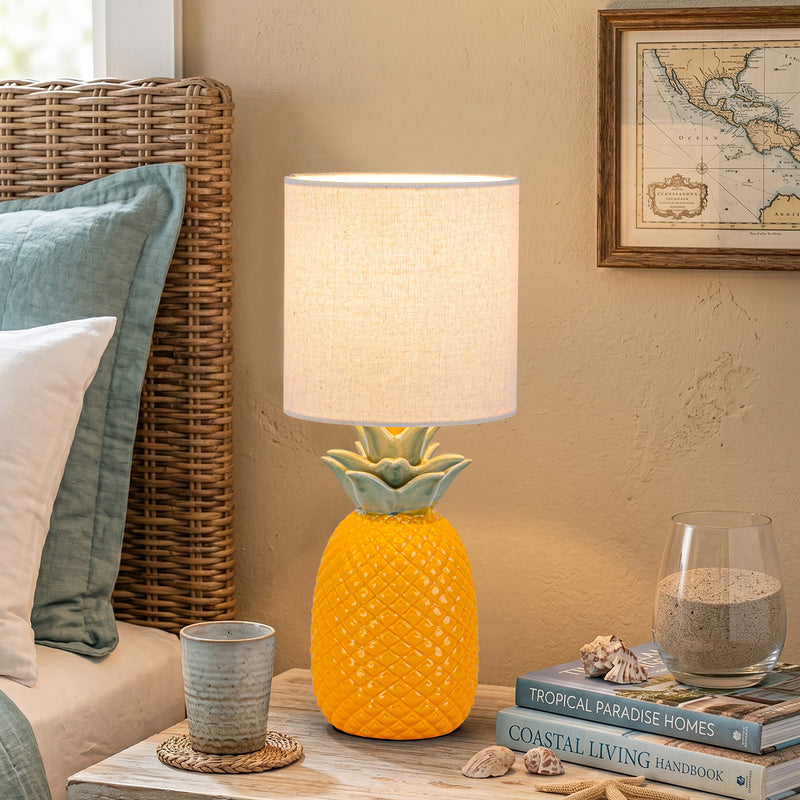 C Cattleya 16.25" Pineapple Ceramic Table Lamp with Linen Shade, Novelty Desk Lamp for Nightstand, Bedroom (Yellow and Green)