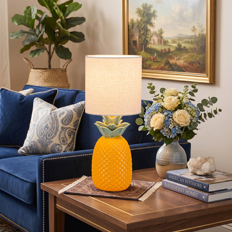 C Cattleya 16.25" Pineapple Ceramic Table Lamp with Linen Shade, Novelty Desk Lamp for Nightstand, Bedroom (Yellow and Green)