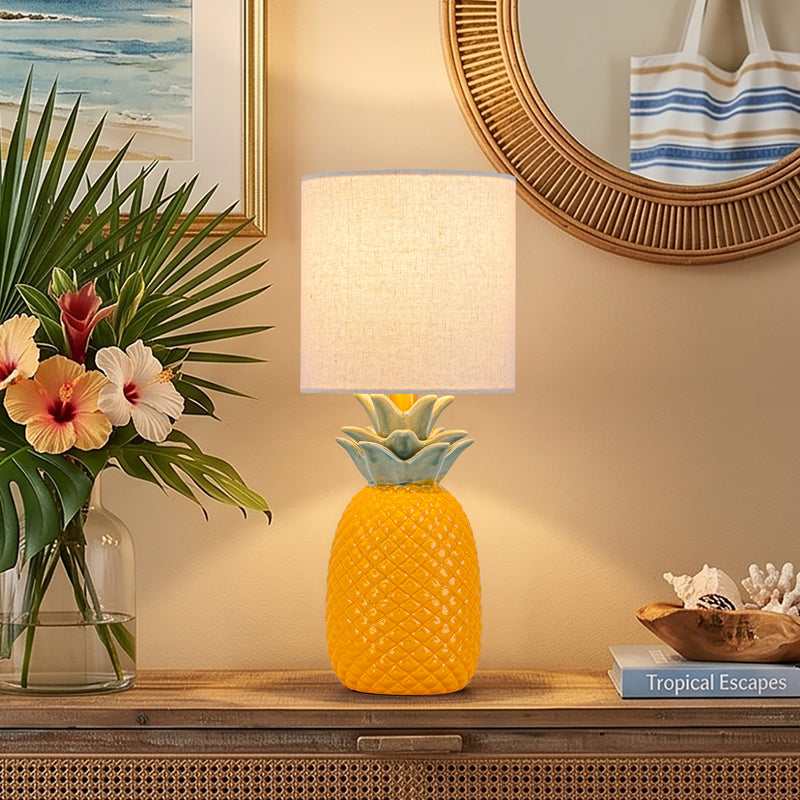 C Cattleya 16.25" Pineapple Ceramic Table Lamp with Linen Shade, Novelty Desk Lamp for Nightstand, Bedroom (Yellow and Green)
