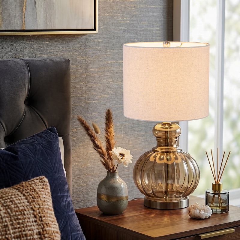 C Cattleya 20.25" Brown Gourd Table Lamp with Glass Base and Linen Shade