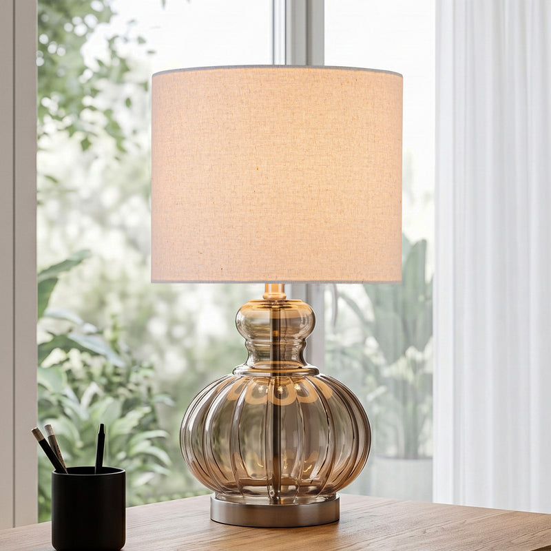 C Cattleya 20.25" Brown Gourd Table Lamp with Glass Base and Linen Shade