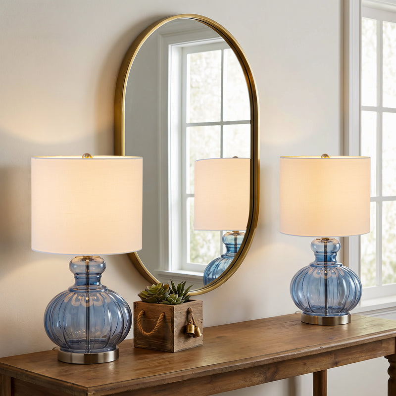 C Cattleya 20.25" Blue Gourd Table Lamp with Glass Base and White Fabric Shade