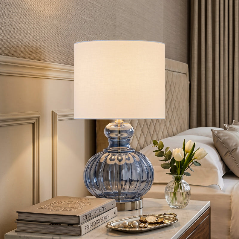 C Cattleya 20.25" Blue Gourd Table Lamp with Glass Base and White Fabric Shade