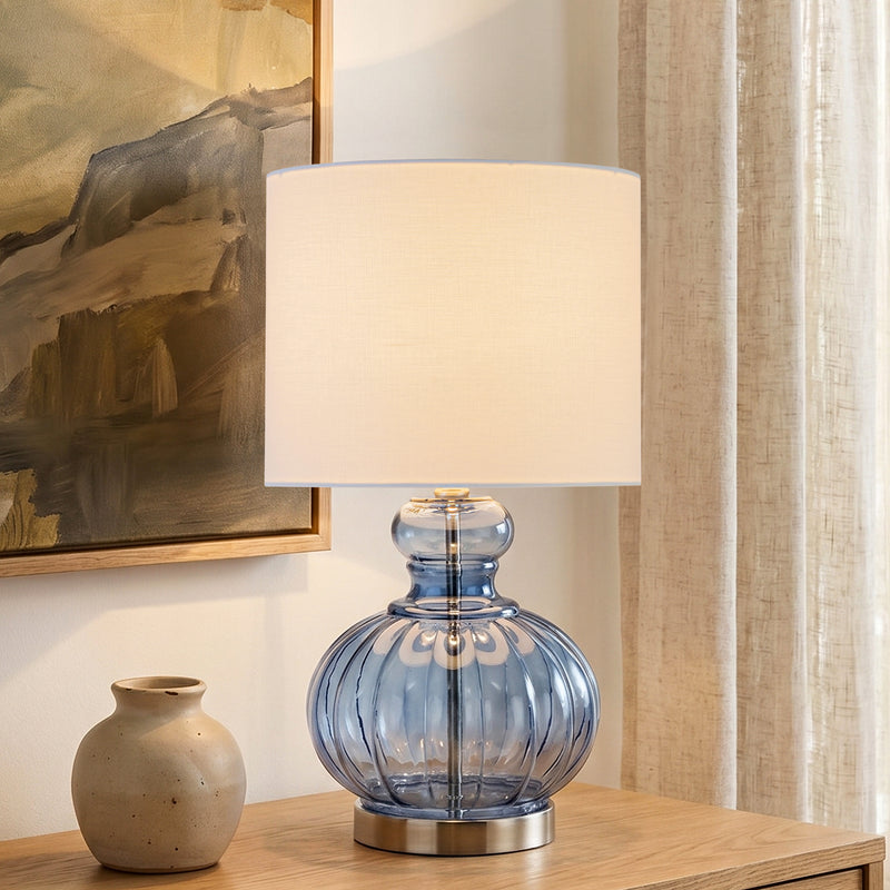 C Cattleya 20.25" Blue Gourd Table Lamp with Glass Base and White Fabric Shade