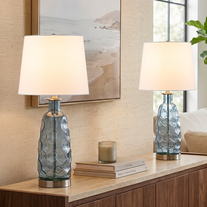 C Cattleya 23.5” Blue Glass Table Lamp with Textured Base and White Fabric Shade