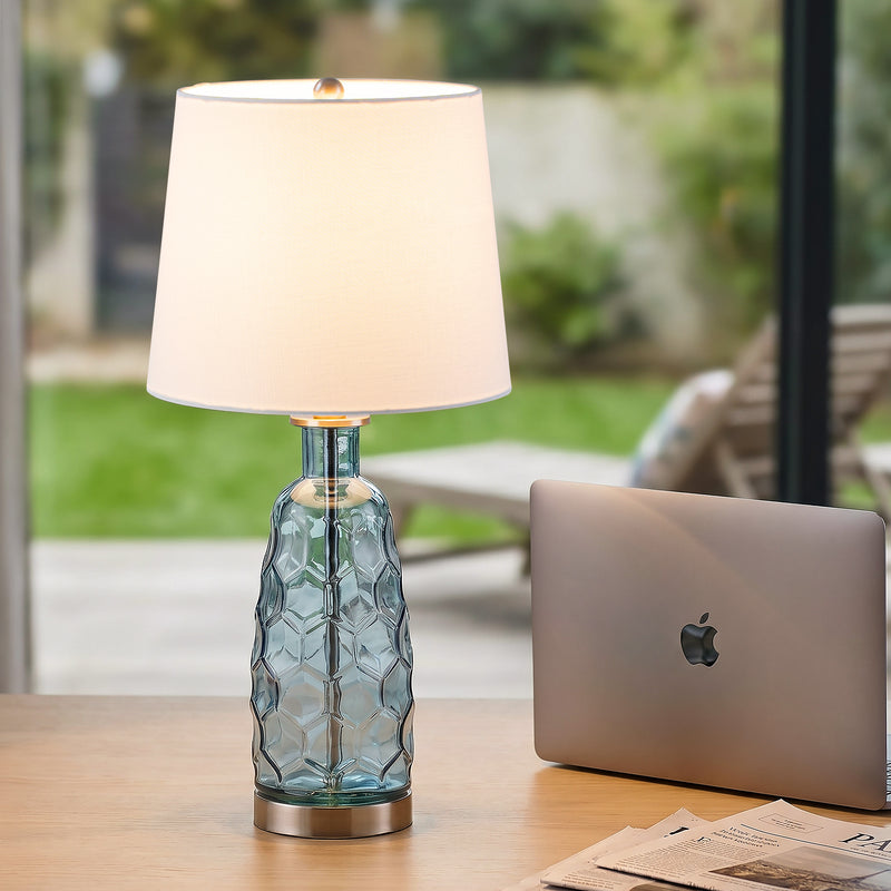 C Cattleya 23.5” Blue Glass Table Lamp with Textured Base and White Fabric Shade