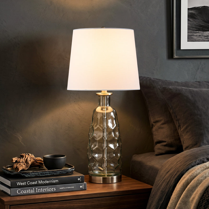 C Cattleya 23.5” Clear Glass Table Lamp with Textured Base and White Fabric Shade