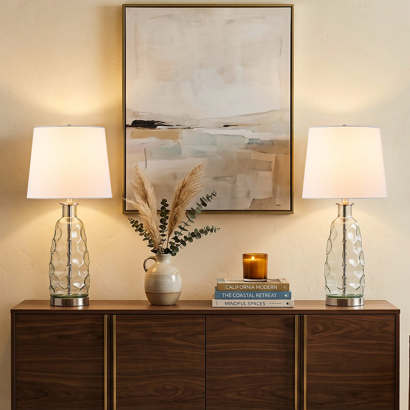 C Cattleya 23.5” Clear Glass Table Lamp with Textured Base and White Fabric Shade