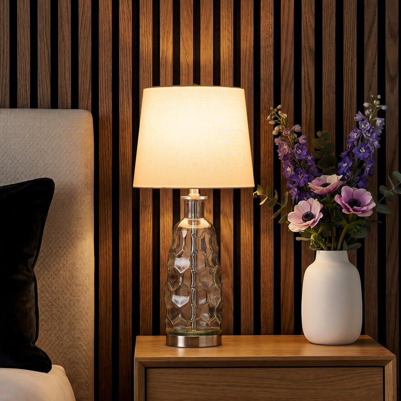C Cattleya 23.5” Clear Glass Table Lamp with Textured Base and White Fabric Shade