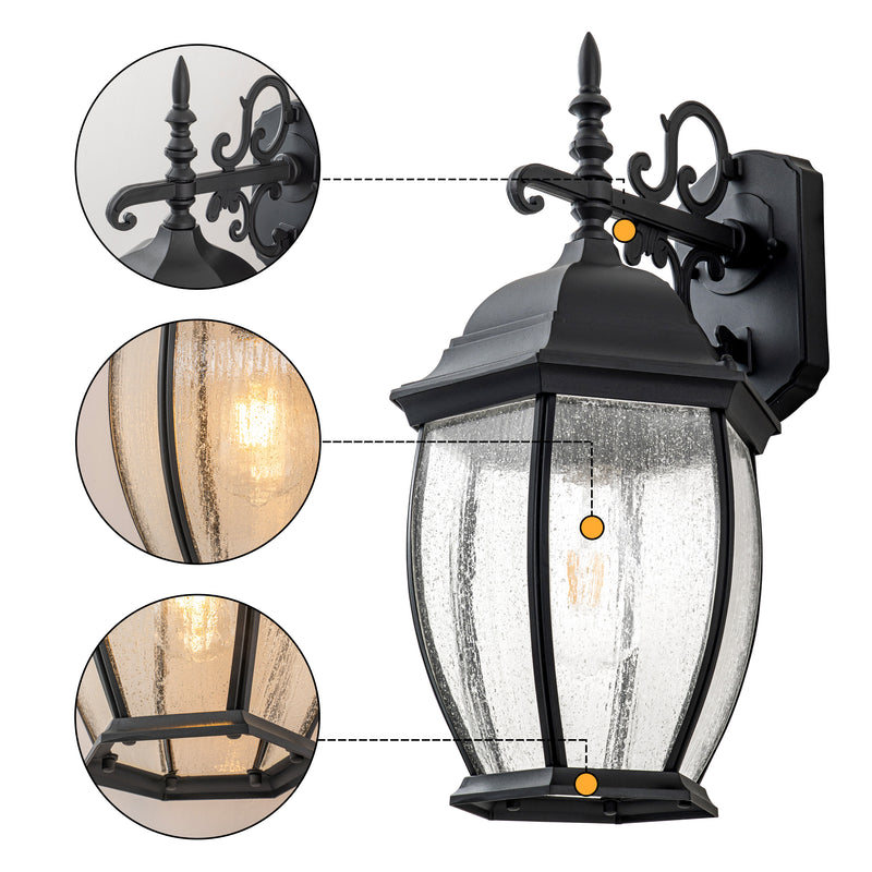 Black Aluminum Outdoor Wall Sconce with Clear Seeded Glass