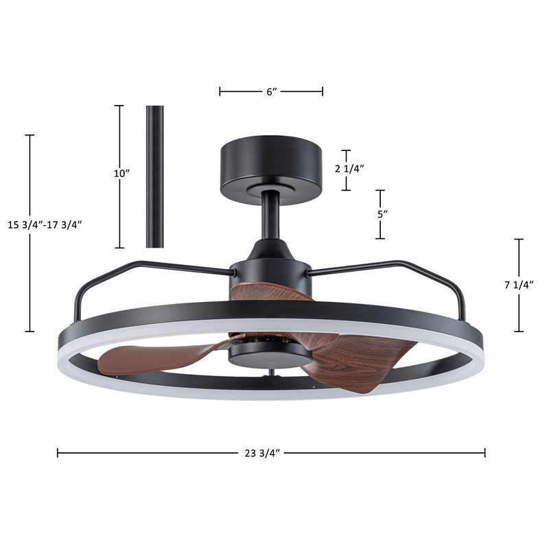 23.75 in. Black Modern LED Ceiling Fan with Light, DC Motor, Remote Control, Reversible Airflow, Walnut Blades