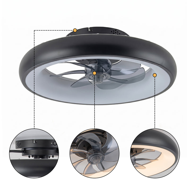 19 in. Black Flush Mount Ceiling Fan with Light, Low Profile LED Fan Light with Remote Control, 3000K/4000K/5000K Selectable