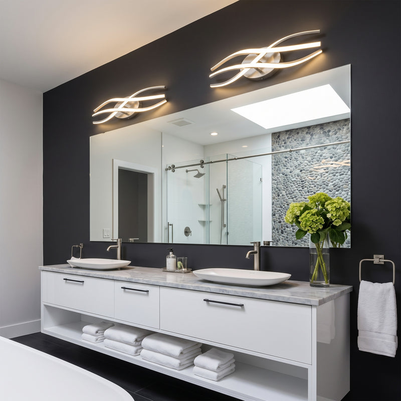 C Cattleya 26.5-Inch Modern Brushed Nickel LED Bathroom Vanity Light with Curved Wave Design