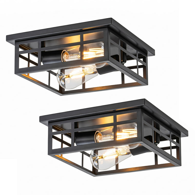 2-Pack 10.75 in. Matte Black Outdoor Flush Mount Ceiling Light with Open Frame, 2-Light, E26 Base, Weather Resistant